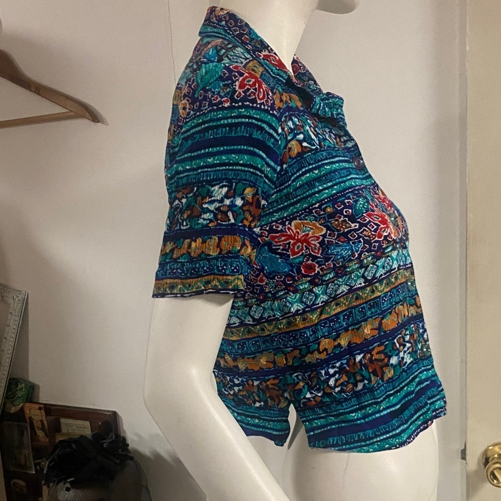 90s Vintage Boho Button Down Crop Shirt Multicolor S - Picture 3 of 6